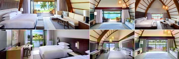 Fiji Marriott Resort Momi Bay, (clockwise from top left): Ocean Front Bure, Royal Lagoon, Over Water Lagoon, Over Water Royal Suite, Duplex Ocean Front and Double-Double Deluxe Lagoon Villas