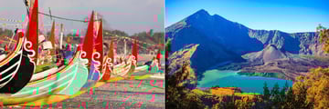 Fishing boats on Bali's Jumbaran Beach & Mountain Rinjani, Lombok
