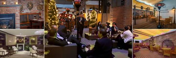 Fitzpatrick Grand Central, (clockwise from top left): The Wheeltapper Interior, The Patio, The Wheeltapper Outdoor Seating, Lounge and Library