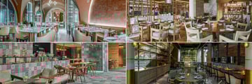 Five Palm Jumeirah Dubai, (clockwise from top left): Quattro Passi Restaurant, BLVD on One Restaurant, Maiden Shanghai Restaurant and The Delissierie Cafe