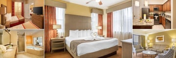 Floridays Resort Orlando, (clockwise from top left): Suite Second Bedroom, Master Bedroom, Kitchen, Living Room and Master Bathroom