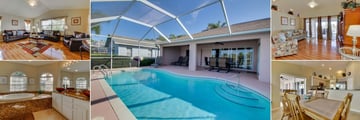 Fort Myers Area Pool Homes, (clockwise from top left): Living Room, Pool, Seating Area, Dining & Kitchen and Bathroom