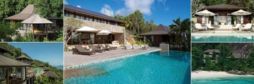 Four Seasons Resort Seychelles, (clockwise from top left): Ocean View Villa, Three Bedroom Residence Villa, Two Bedroom Presidential Suite, Three Bedroom Beach Suite and Four Bedroom Residence Villa