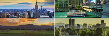 Clockwise from top left: New York, Chicago, Denver and Napa Valley
