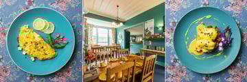 Great Ponsonby Bed & Breakfast, Omelette wth Feta Cheese and Lemon Zest, Breakfast Area and Eggs Benedict with Bacon