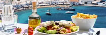 Greek salad with views of Mykonos