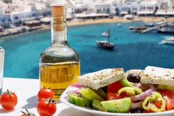 Greek salad with views of Mykonos