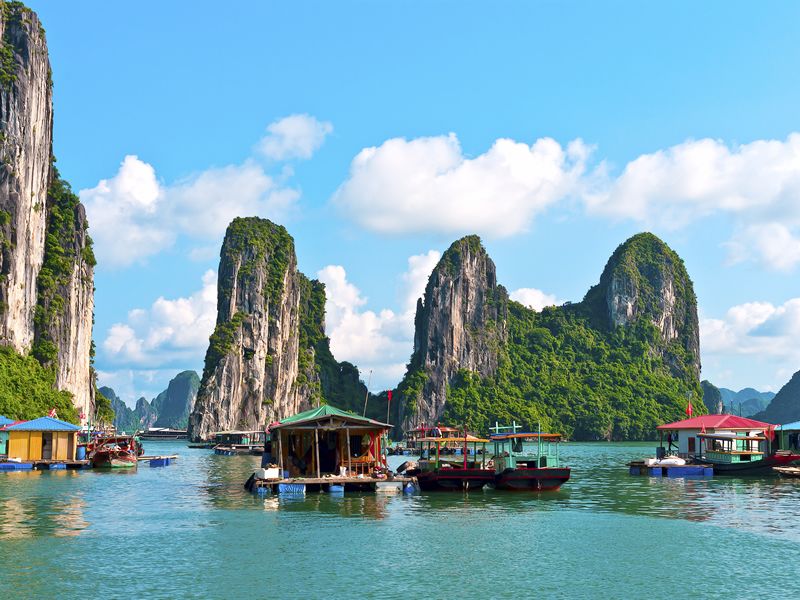 Halong Bay floating village and rock islands