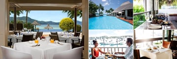 Hamilton Island Beach Club, (clockwise from left): Beach Club Restaurant, Sails Restaurant, Coco Chu Restaurant, Mariners Restaurant and Manta Ray Restaurant