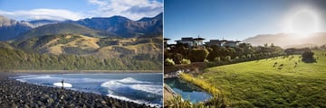 Hapuku Lodge & Tree Houses, Surfer on Beach and Lodge Farm Deer and Pool