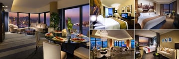 Harbour Grand Hong Kong, (clockwise from left): Premier Harbour View Suite, Grand Deluxe Harbour View Room, Superior Harbour View, Premier Harbour View Room and Presidential Suite