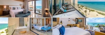 Clockwise from top left: One Bedroom Suite interiors, One Bedroom Suite balcony, Ocean Front Suite and Presidential Suite