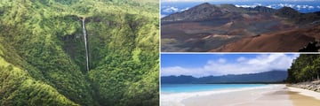 Honokohau Waterfall (left), Haleakala Crater (top right), and Waimanalo Beach (bottom right)