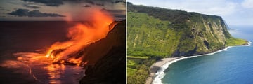 Kilauea Volcano (left), and Waipio Valley (right)