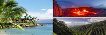 Beautiful Maui coast (left), Volcanoes National Park (top right), and Kahului Haleakala (bottom right)