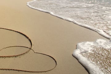 Hearts drawn in the sand on a beach in the Grenadines
