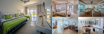 Hemingways Watamu Hotel, (clockwise from left): Ocean View Bedroom, Apartment Bedroom, Apartment Living Room, Residences Kitchen and Deluxe Ocean View Bedroom