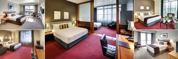 Heritage Auckland, (clockwise from top left): Superior Room Tower Wing, Deluxe Family Suite, Superior Room, Executive One Bedroom Suite Tower Wing and Superior Atrium Facing Room