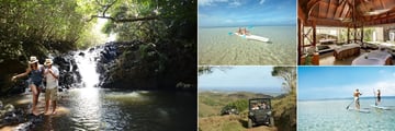 Heritage Le Telfair, (clockwise from left): Nature Trips, Kayaking, Seven Colours Spa, Paddle Boarding and Quad Buggy Safaris 