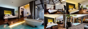Heritage Suites Hotel, (clockwise from left): Bungalow Suite, Classic Room, Executive Suite and Royal Suite Jacuzzi and Bedroom