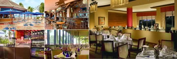 Hilton Barbados Resort, (clockwise from top left): Waters Edge Bar, Careenage Bar, The Grill Restaurant, Lighthouse Restaurant and Cuppa Cafe
