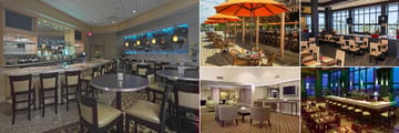 Hilton Cocoa Beach, (clockwise from left): Bar, Tiki Lounge, Salt Restaurant, Salt Bar and Lobby