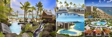 Hilton Hawaiian Village Waikīkī Beach Resort, (clockwise from left): Pool with Slides, Alli Pool, Alli Tower Exterior, Tapa Pool and Lagoon Aerial Shot