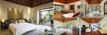 Hilton Seychelles Labriz Resort & Spa, (clockwise from left): Garden Villa, Beach Villa, Deluxe Hillside Pool Villa, Deluxe Beachfront Pool Villa and Beachfront Villa