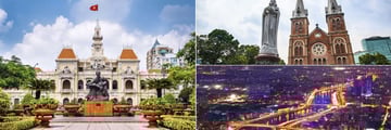 Saigon's City Hall, Notre Dame Cathedral and Aerial view at night 