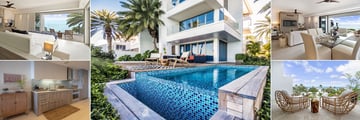 Hodges Bay Resort & Spa, (clockwise from top left): Oceanfront Four Bedroom Villa, Oceanfront Four Bedroom Luxury Penthouse, Oceanfront Four Bedroom Luxury Villa, Villa Balcony and Villa Kitchen