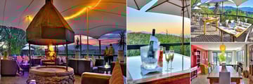 Hog Hollow Country Lodge, (clockwise from left): The Boma, Pre Dinner Drinks, Breakfast and Forest Villa Dining Table