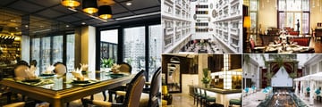Hotel de L'Opera M Gallery, (clockwise from left): Satine Restaurant Interior, Satine Courtyard, Cafe Lautrec, La Fee Verte Bar Courtyard and Interior