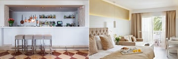 Bar and room interiors at Hotel Illa d'Or