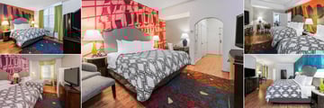 Hotel Indigo Houston At The Galleria, (clockwise from top left): King Bed Executive Suite, King Guest Room, Two Queen Bed Suite, Presidential Suite and Two Queen Bed Guest Room