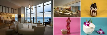 Hotel Jen Hong Kong, (clockwise from left): Club Lounge, Lobby Bar, Signature Cocktails: Beer Milkshake, Pina Kale-Ada and China Lady
