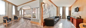 Hotel suite with living area and bedroom