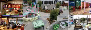 Hotel Zephyr San Francisco, (clockwise from top left): Lobby, Aerial view of The Yard, The Yard Bar Seating, The Yard Firepit and The Games Room