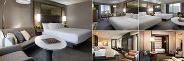 Hyatt Regency Boston, (clockwise from left): Signature King, City View King, Premier Queen-Queen, VIP Suite and Presidential Suite