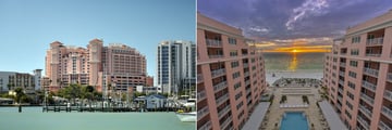 Hyatt Regency Clearwater Beach, Exterior from Clearwater Bay and Resort Pool & Beach at Sunset