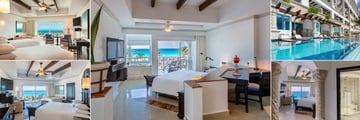 Hyatt Zilara Cancun, (clockwise from top left): Ocean Front Junior Suite Double, Ocean View Swim-Up Suite King Interior and Exterior, Suite Bathroom and Ocean Front Luxury Suite King