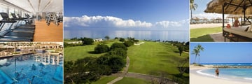 Hyatt Zilara Rose Hall, (clockwise from top left): Fitness Centre, Golf Course, Beach Cabanas, Beach and Pool Aqua Spinning