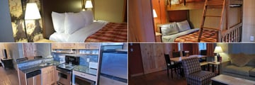Inns of Banff, Three Bedroom Condo Master Bedroom, Bunk Beds, Living Area and Kitchen