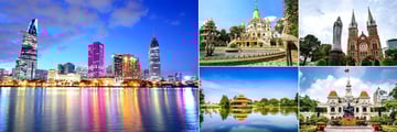 Intercontinental Asiana, (clockwise from left): Sightseeing at Ho Chi Minh City at Night, Buu Long Pagoda, Notre Dame Cathedral, Ho Chi Minh City Hall and Dam Sen Park