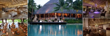 Intercontinental Bora Bora Resort Thalasso Spa, (clockwise from top left): Reef Restaurant, Le Corail Restaurant Exterior and Interior, Bubbles Bar and Sands Restaurant