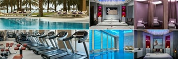 Intercontinental Doha, (clockwise from top left): Pool and Beach, Spa Couples Treatment Room, Spa Relaxation Room, Spa Treatment Room, Indoor Ladies' Plunge Pool and Fitness Centre