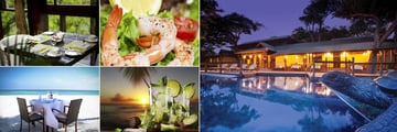 JA Enchanted Island Resort, Bounty Restaurant Terrace, Bounty Restaurant Shrimp Dish, Bounty Restaurant and Pool at Night, Castaway Bar Cocktails and Private Beach Dining