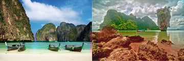 James Bond Island and white sand beach with longboats, Phuket