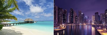 Jetty in the Maldives and Dubai city at night 