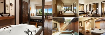 Jetwing Beach, Negombo, (clockwise from left): Deluxe Room and Bathroom, Suite Bedroom, Living Room, Bathroom and Deck