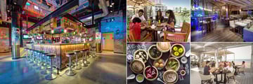 Jumeirah Dar Al Masyaf, Madinat Jumeirah, (clockwise from left): Perry & Blackwelder's Original Smokehouse, Toscana, Pierchic, Shimmers and Zheng He's Dim Sum